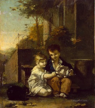 Proudhon Pierre Paul ZZZ enfants avec un lapin Peinture à l'huile